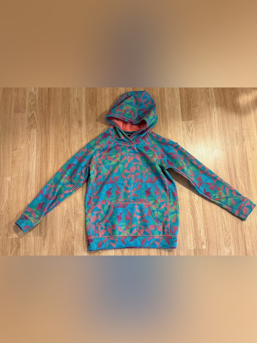 EUC Burton Girls' Crown Bonded Pullover Hoodie - Green-Blue Morse Geo - Size L